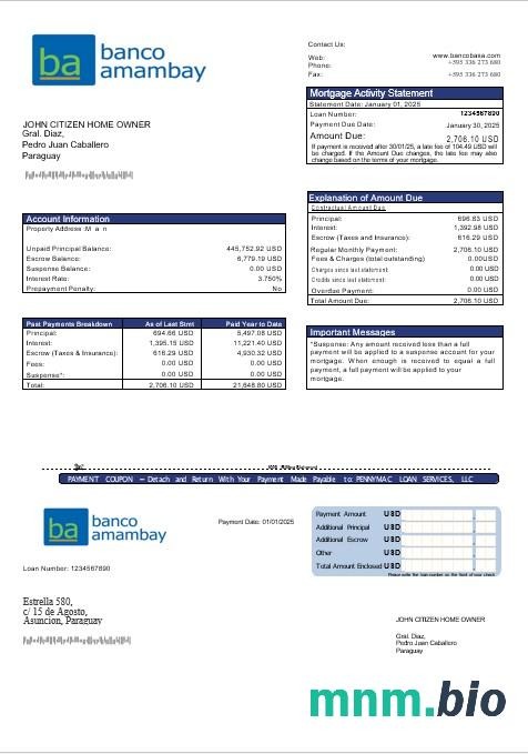 Paragwaj Banco Amambay wyciąg z kredytu hipotecznego w formatach Word i PDF